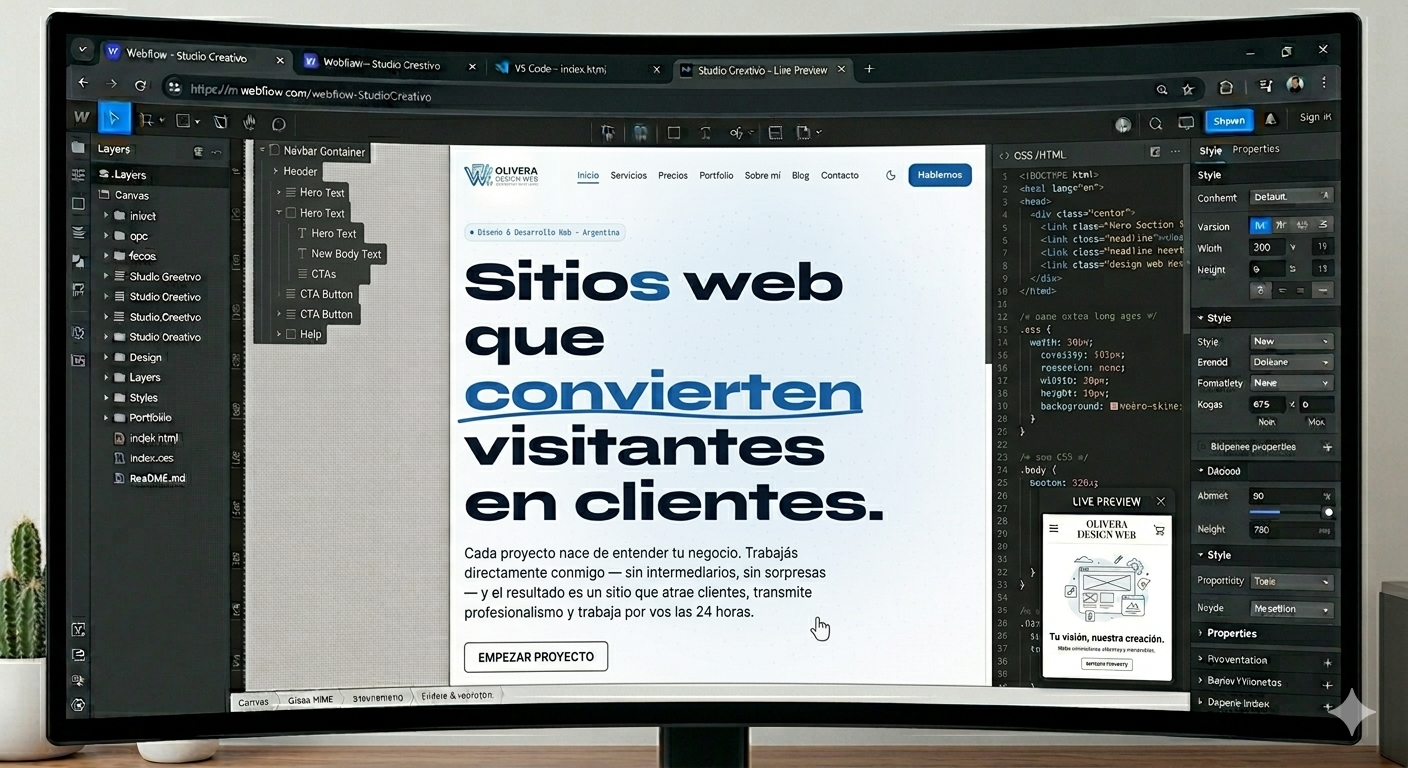 Editor Webflow mostrando el desarrollo del sitio web de Olivera Design