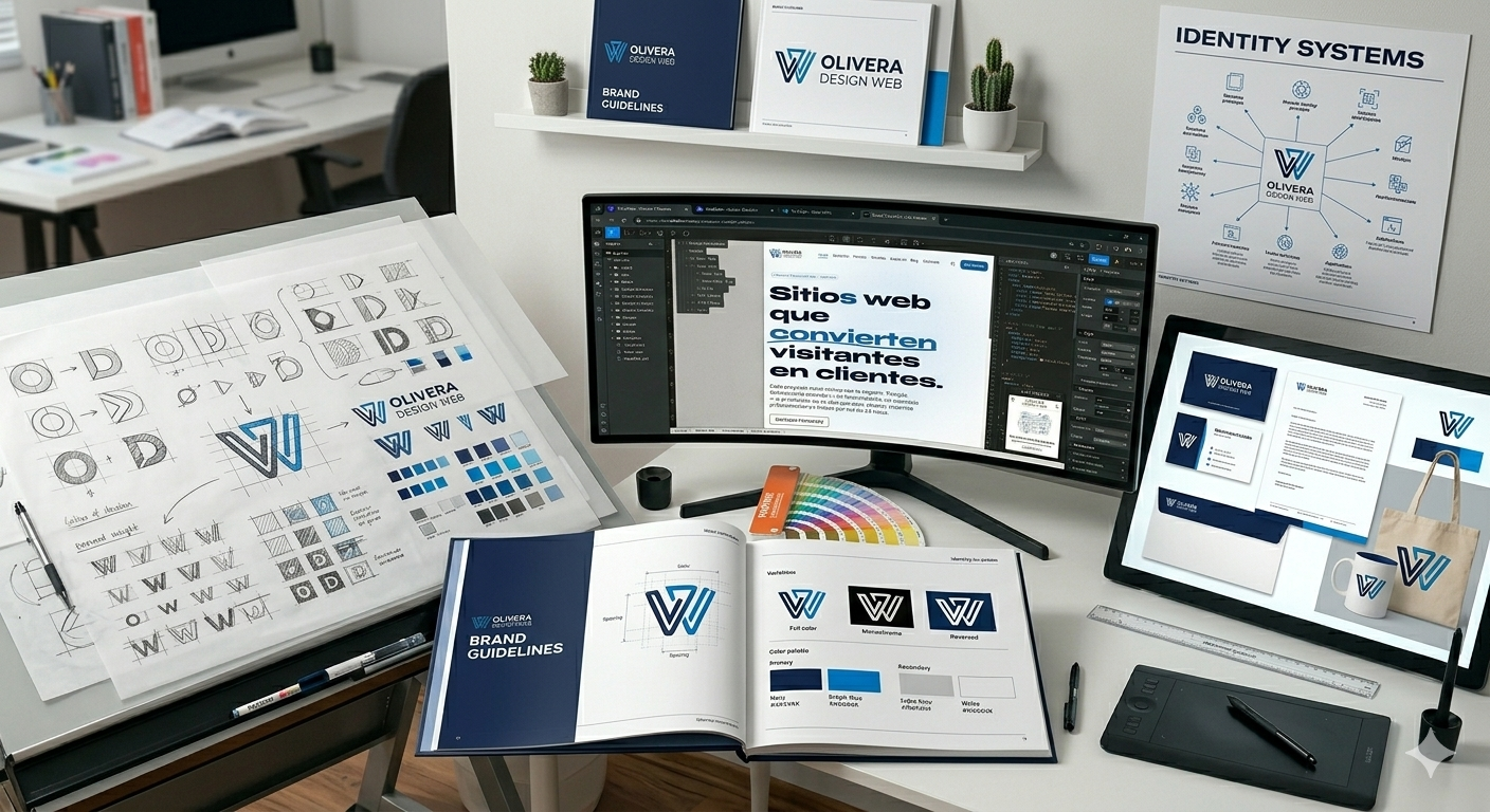 Espacio de trabajo de branding con libros de Brand Guidelines y herramientas de diseño
