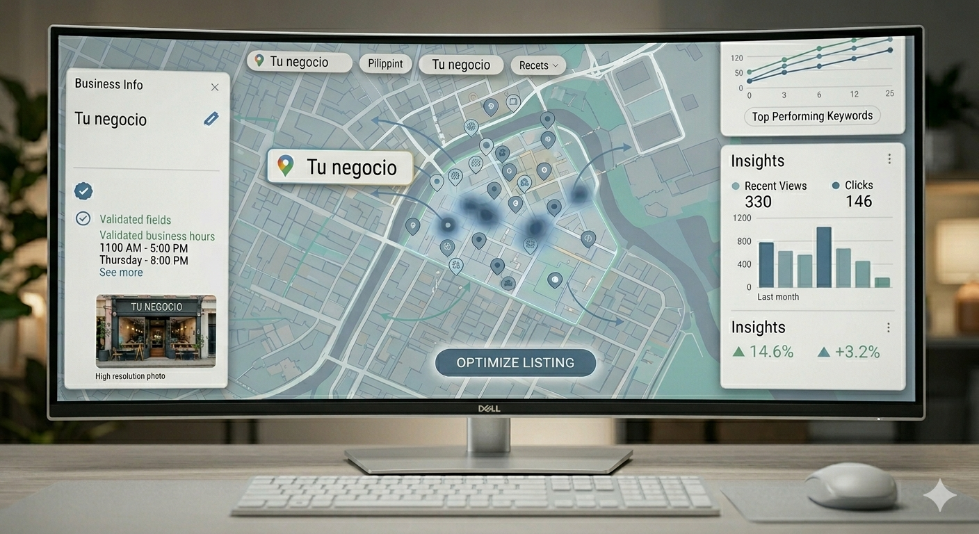 Panel de Google My Business con mapa, métricas de visitas y optimización de perfil
